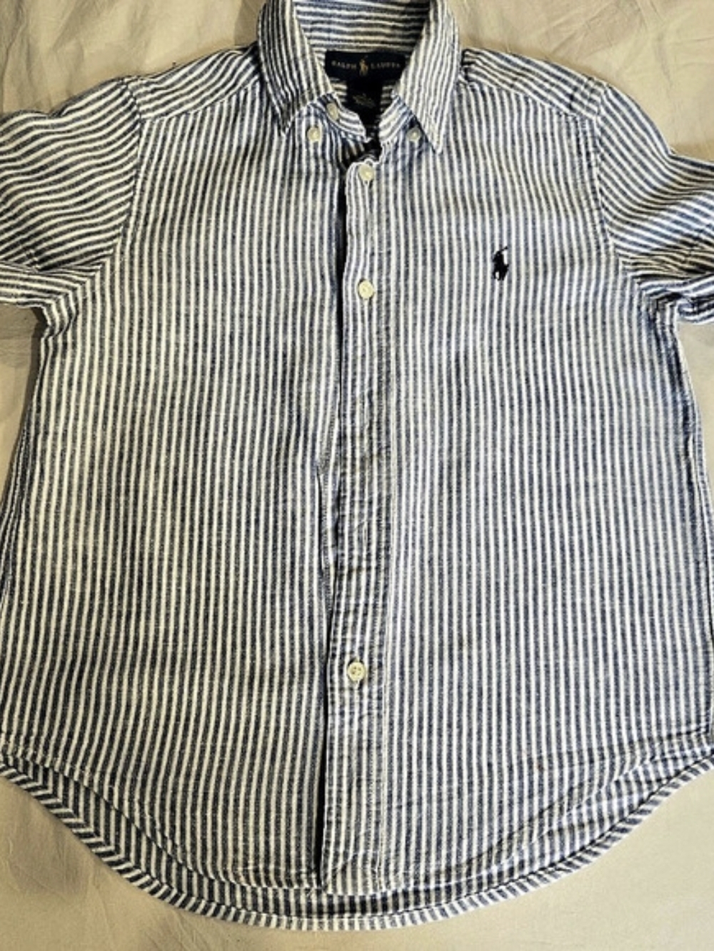 Ralph Lauren Boys Striped Linen Button-Down Shirt Boys Size 5 Blue & White